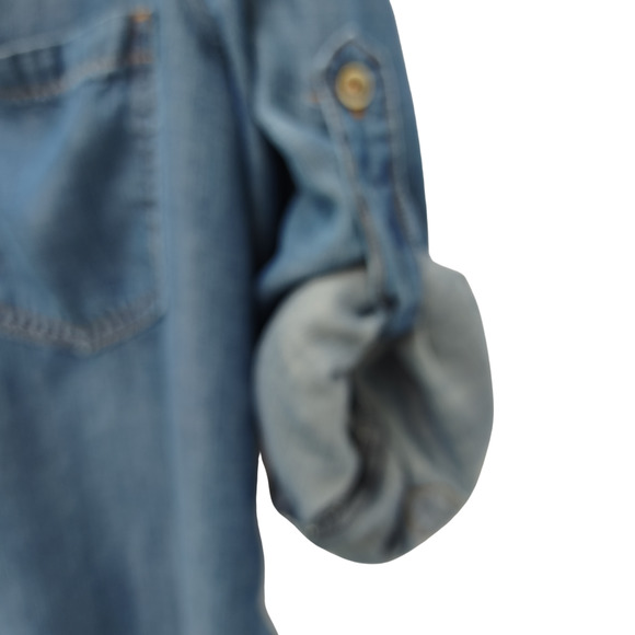 SOLD  Denim Button Down Roll Tab Blouse Casual Shirt Size Blue Jean Shirt - Picture 3 of 5